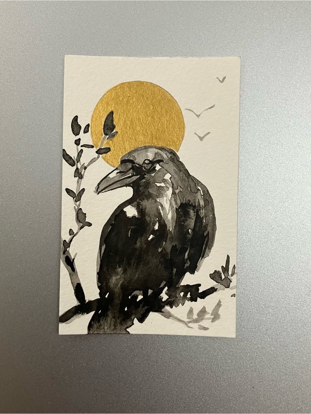 Original raven crow miniature realism painting sumi-e style art ink collectible
